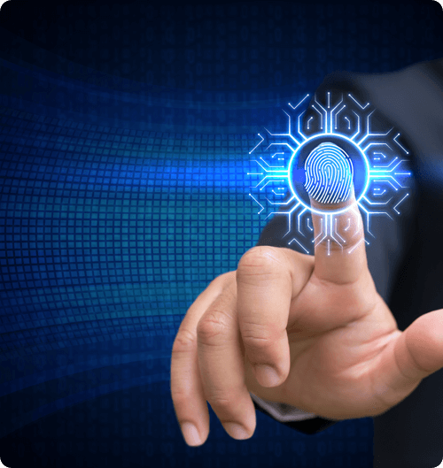 Businessman's finger touching digital fingerprint icon representing FBI Fingerprinting technology used by Fingerscan Digital in San Jose and Las Vegas.