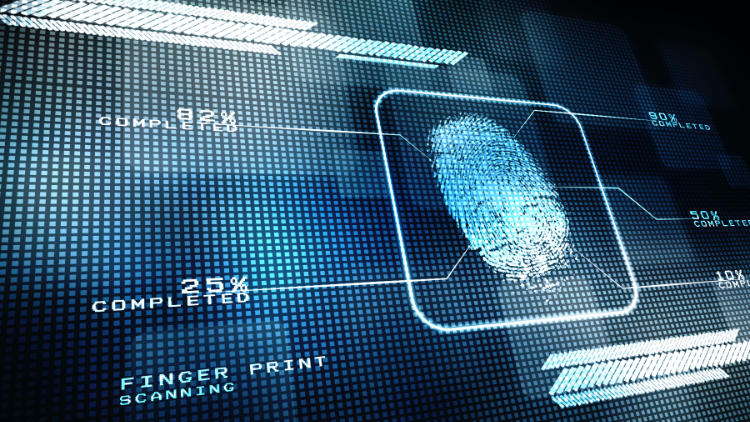 Digital fingerprint scan in progress with status indicators, representing FBI fingerprint card processing for out-of-state applications.