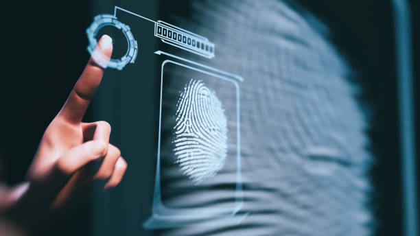 Hand interacting with a digital fingerprint scan interface, symbolizing FBI fingerprint card services for out-of-state use.