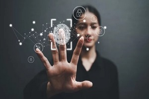 Woman using biometric fingerprint scanning interface, symbolizing modern FBI fingerprint card for out-of-state services at Fingerscan Digital in San Jose and Las Vegas.