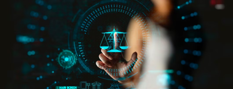 Legal document preparer selecting a glowing digital scale icon on a futuristic legal interface, symbolizing legal document preparation and legal services in San Jose and Las Vegas.