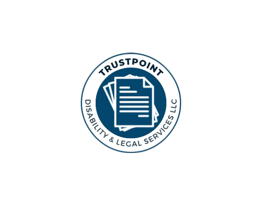 TrustPoint Disability & Legal Services LLC circular logo featuring a stack of legal documents in the center, symbolizing document preparation and legal services.