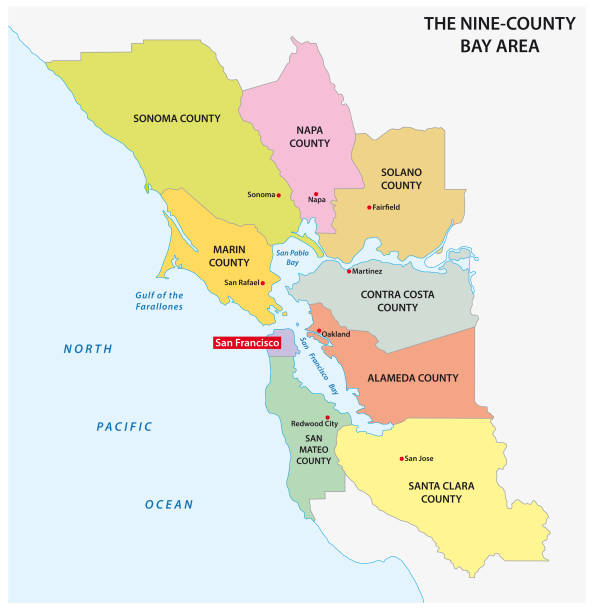 Map of the Nine Bay Area Counties in California, including Santa Clara, Alameda, San Francisco, and more.