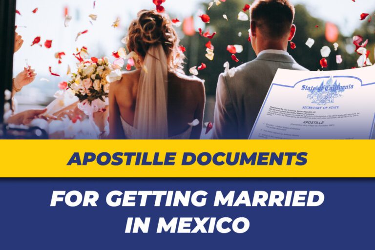 Couple at wedding ceremony with apostille documents required for marriage in Mexico