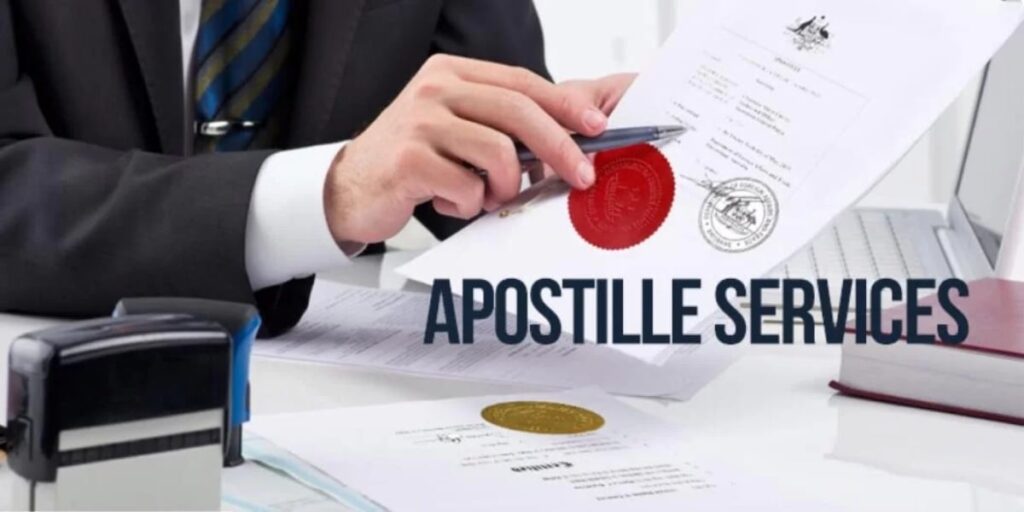 Notary is notarizing document for apostille.