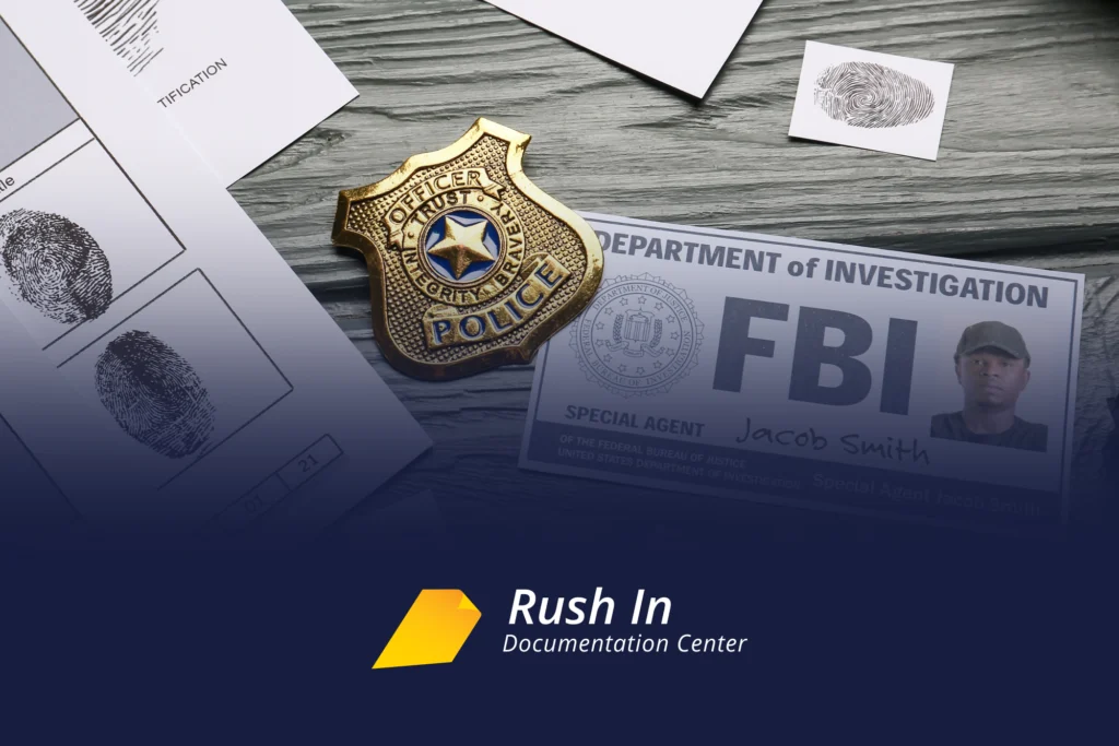 FBI background check rush apostille with police badge, fingerprints, and ID card