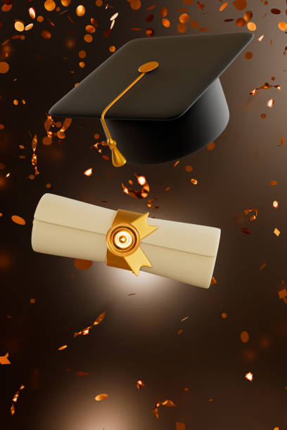 Diploma and graduation cap in confetti