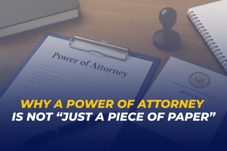 Power of attorney document with apostille certification and notary stamp