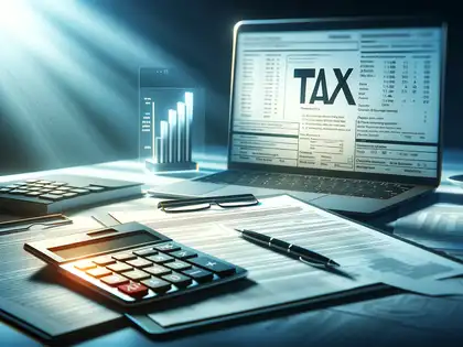 Business tax preparation and electronic filing services with laptop, calculator, and financial reports.