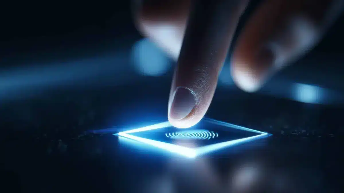 Close-up of a finger on a glowing biometric sensor for FBI background check fingerprinting in San Jose with same-day 5-minute results