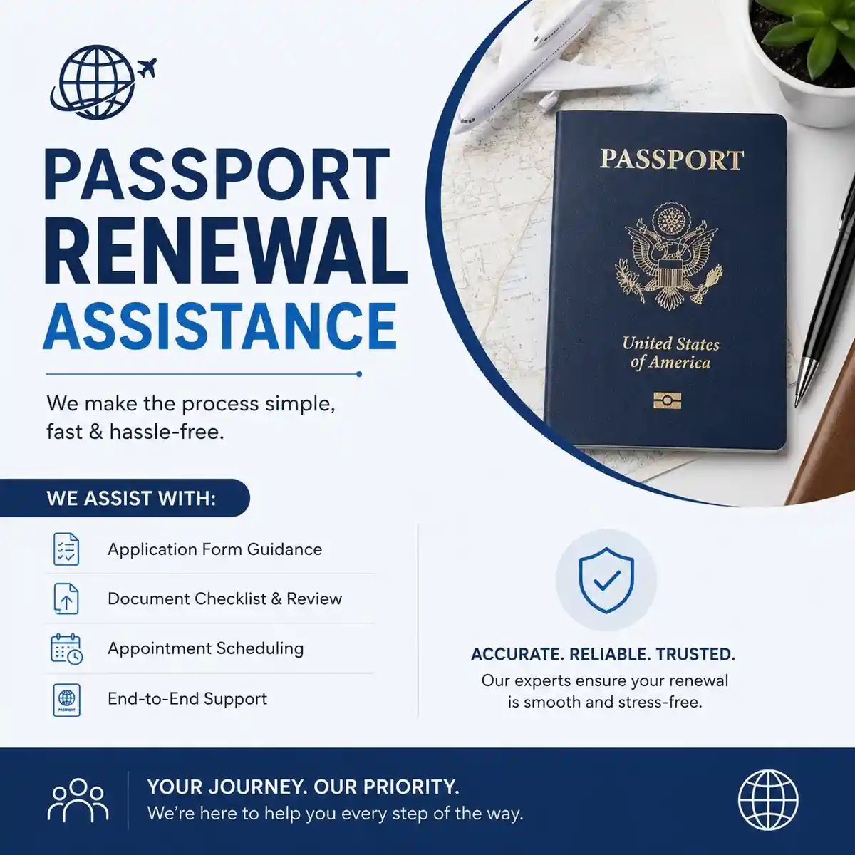 Passport renewal appointment at our San Jose office &mdash; reviewing the DS-82 form and capturing a 2026-compliant passport photo