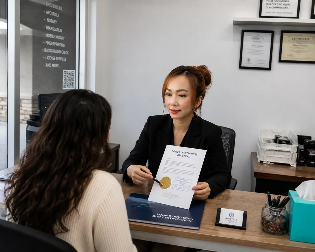 Quinnie Do, owner of Bay Area Live Scan & More, explaining the power of attorney apostille process at her San Jose office